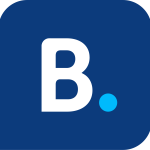 A dark blue square logo with a large white capital letter 'B' and a small bright blue circle at the bottom right.