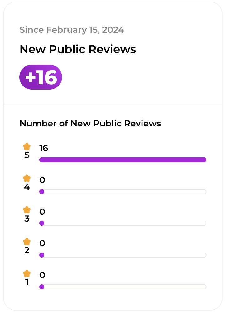 A screenshot showing the number of new public reviews since February 15, 2024. 16 reviews have a 5-star rating; all other ratings (4, 3, 2, and 1 stars) have zero reviews.