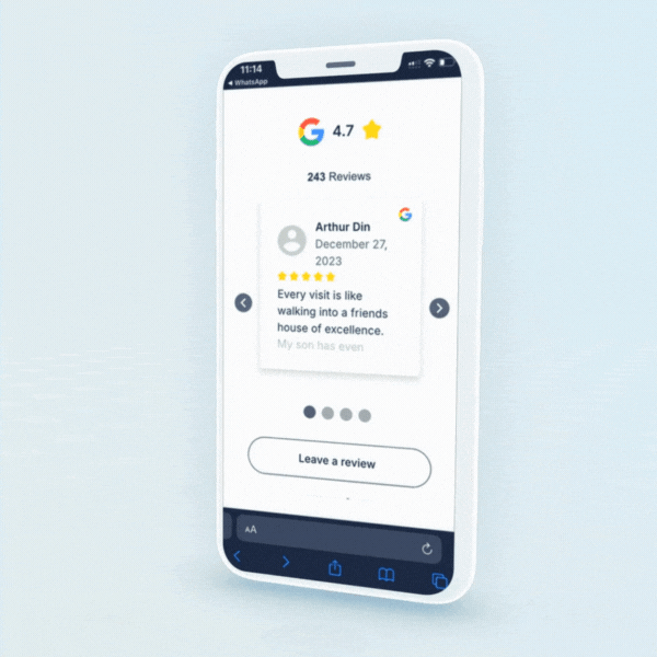 A smartphone screen displaying a 4.7-star Google review with 243 reviews. The review by "Arthur Din" dated December 27, 2023, reads, "Every visit is like walking into a friend's house of excellence.