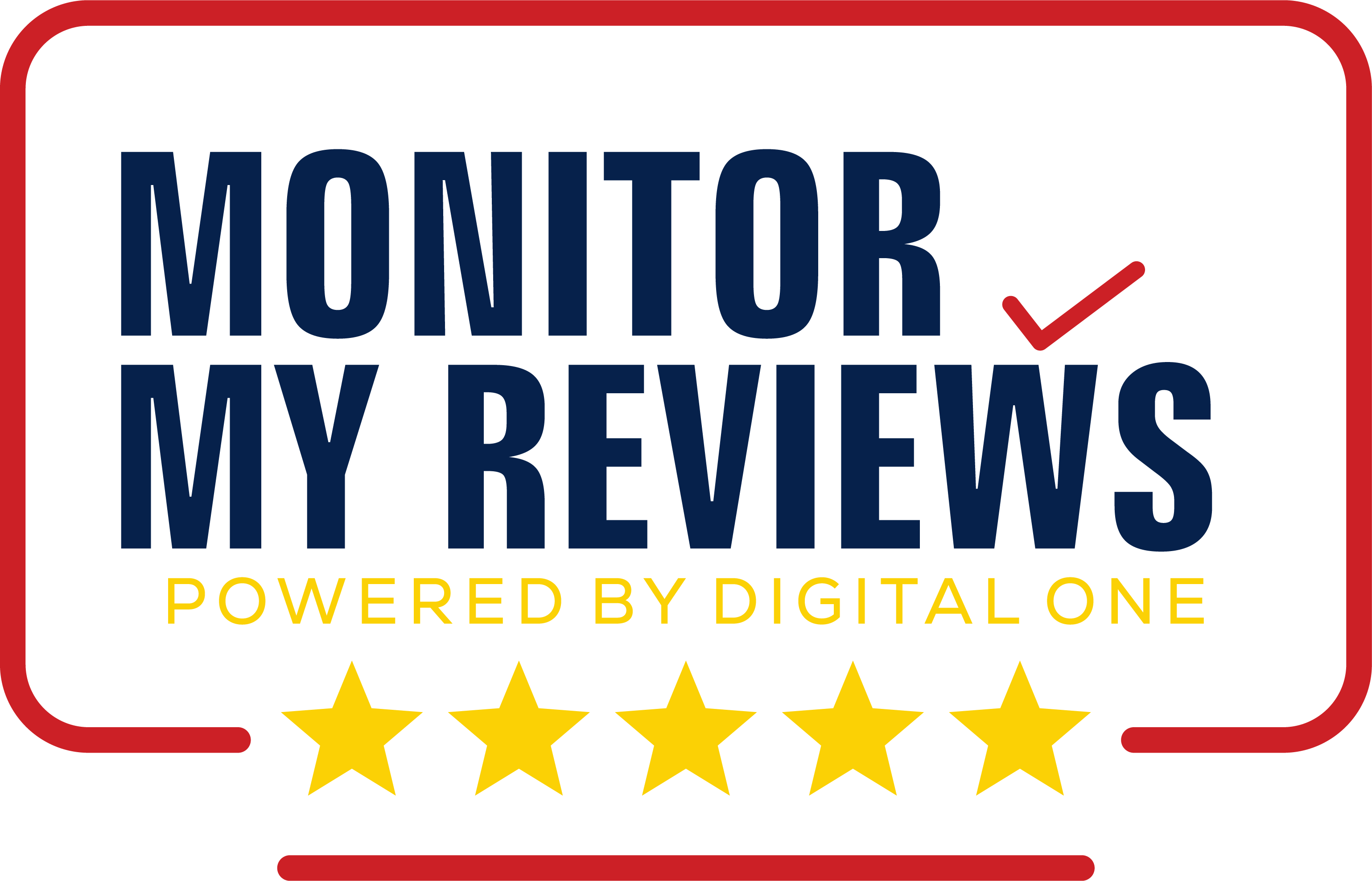 Logo for "Monitor My Reviews" by Digital One featuring a checkmark and five yellow stars at the bottom.